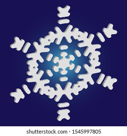 Simple christmas snowflake on blue background. Minimal concept with expressive forms and colors. Vector illustration - template. White winter crystal, isolated, modern trendy 3d design element.
