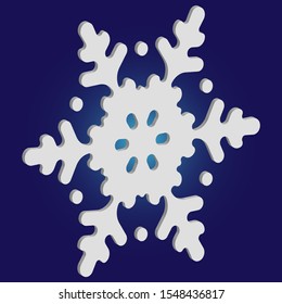 Simple christmas snowflake on blue background. Vector illustration - postcard. Original concept with expressive forms and colors. White winter crystal, isolated, modern trendy 3d design element.