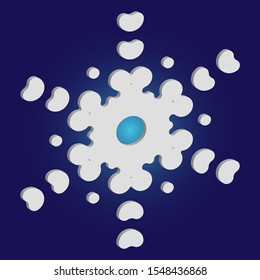 Simple christmas snowflake on blue background. Vector illustration - decoration. Abstract concept with expressive forms and colors. White winter crystal, isolated, modern trendy 3d design element.