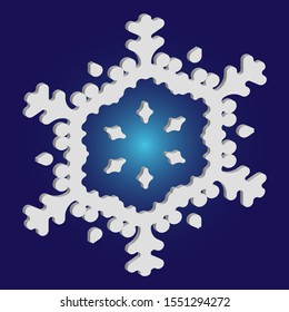 Simple christmas snowflake on blue background. Colorful concept with expressive forms and colors. Vector illustration - art. White winter crystal, isolated, modern trendy 3d design element.