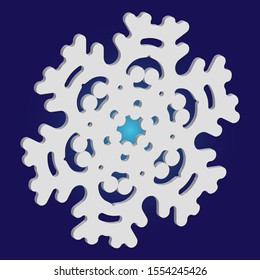 Simple christmas snowflake on blue background. Vector illustration - frame. Minimal concept with expressive forms and colors. White winter crystal, isolated, modern trendy 3d design element.