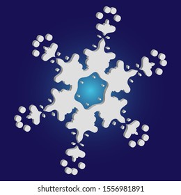 Simple christmas snowflake on blue background. Abstract concept with expressive forms and colors. Vector illustration - shape. White winter crystal, isolated, modern trendy 3d design element.
