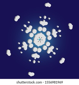 Simple christmas snowflake on blue background. Vector illustration - pattern. Abstract concept with expressive forms and colors. White winter crystal, isolated, modern trendy 3d design element.