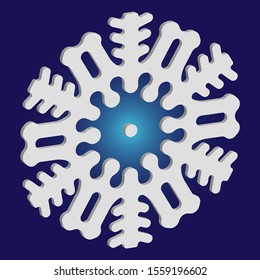 Simple christmas snowflake on blue background. Abstract concept with expressive forms and colors. Vector illustration - icon. White winter crystal, isolated, modern trendy 3d design element.