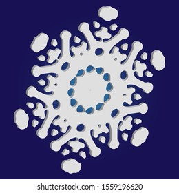 Simple christmas snowflake on blue background. Original concept with expressive forms and colors. Vector illustration - art. White winter crystal, isolated, modern trendy 3d design element.