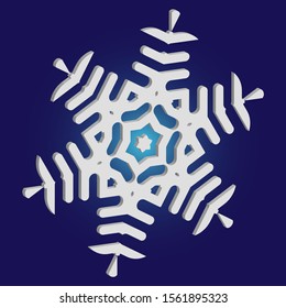 Simple christmas snowflake on blue background. Colorful concept with expressive forms and colors. Vector illustration - decoration. White winter crystal, isolated, modern trendy 3d design element.