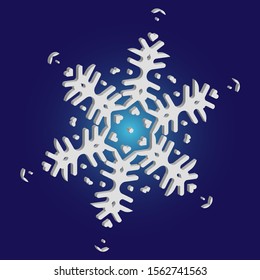 Simple christmas snowflake on blue background. Vector illustration - postcard. Effective concept with expressive forms and colors. White winter crystal, isolated, modern trendy 3d design element.