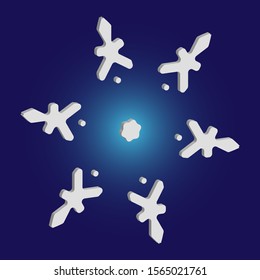 Simple christmas snowflake on blue background. Vector illustration - graphics. Geometric concept with expressive forms and colors. White winter crystal, isolated, modern trendy 3d design element.