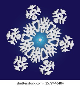 Simple christmas snowflake on blue background. Vector illustration - frame. Clean concept with expressive forms and colors. White winter crystal, isolated, modern trendy 3d design element.