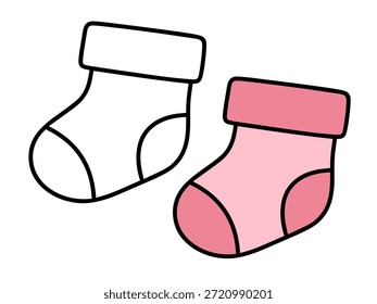 Ilustración de calcetín de Navidades simples con una versión de color y una versión de contorno, estilo lindo y mínimo adecuado para íconos, pegatinas, gráficos de vacaciones, contenido para niños y páginas para colorear.