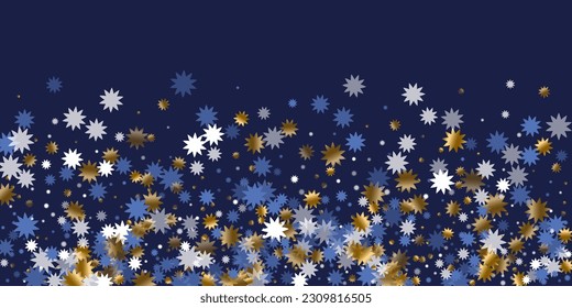 Simple Christmas star vector ornament illustration. Gold blue white shiny confetti. Banner stardust pattern. Christmas star symbol elements. Winter subtle decor.