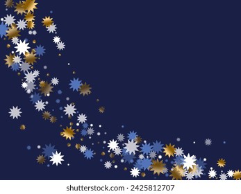 Simple Christmas star vector ornament graphic design. Gold blue white sparkle confetti. Poster snowflake backdrop. Christmas star symbol glitter. Winter glittering wallpaper.