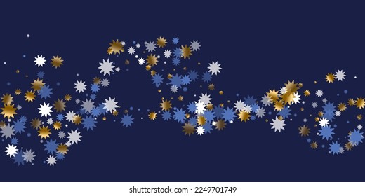Simple Christmas star vector scatter illustration. Gold blue white shiny decoration. Poster snowflake backdrop. Christmas star shape particles. Winter random decor.