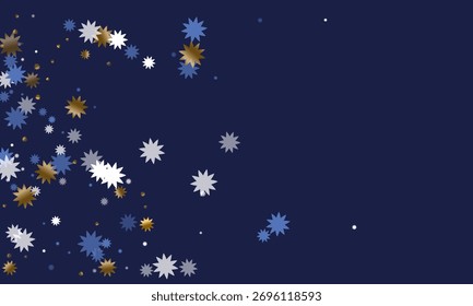 Simples Natal estrela vetor dispersão ilustração. Confete branco brilhante azul dourado. Padrão de poeira estelar do pôster. Estrela de Natal rabisca brilhante. Explosão mágica de cristal.