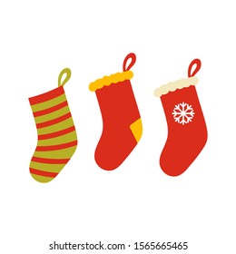 Simple Christmas stocking illustrations. Flat colourful stocking vector illustrations. Hand drawn illustrations on white background.