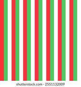 Simple Christmas striped seamless pattern. Vector red, green, white vertical stripes background. Geometric festive holiday texture for decor, fabric, design, New Year gift wrapping paper.