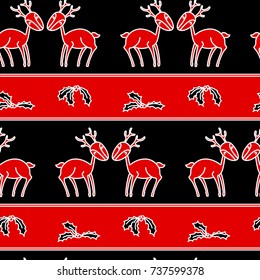 Simple Christmas stripes seamless pattern with deers and holly berries