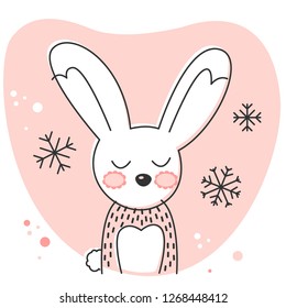 Simple Christmas themed winter illustration with cute little bunny with big ears, tail and snowflakes around. Childish design of sleepy rabbit inside rose pink bubble. Nordic Scandinavian style design