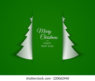 Simple Christmas tree background made of paper with shadow on green background