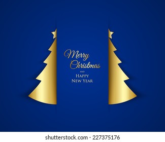 Simple Christmas tree background made of golden paper with shadow on blue background