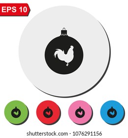 Simple Christmas tree ball with rooster round colorful vector icon. New Year decoration.