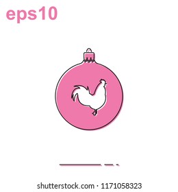 Simple Christmas tree ball with rooster thin line vector icon. New Year decoration.