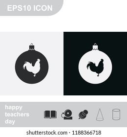 Simple Christmas tree ball with rooster black and white vector icon. New Year decoration.