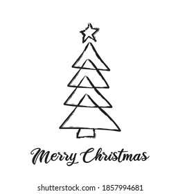 Simple Christmas tree cartoon line doodle with Merry Christmas greeting 
