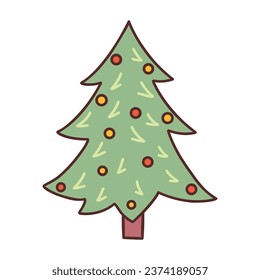 Simple Christmas tree decorated with New Years balls. Holiday card. Colorful hand drawn vector illustration isolated doodle. Merry Christmas and Happy New Year. Festive winter season