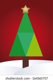 Simple Christmas tree with four triangles on red background