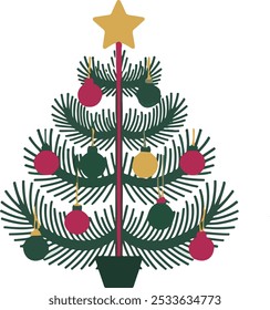 Simple Christmas tree with golden and red ornaments, for modern holiday designs, greeting cards, festive patterns.