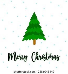 Simple christmas tree greeting card with Merry Christmas lettering. Hand drawn cute green christmas tree and snowfall on background. Doodle Christmas tree card for seasonal design, textile. Spruce.