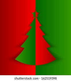 Simple Christmas tree made of folded paper with shadow on red green background