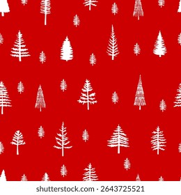 Simple Christmas tree pattern on red background. Vector Pattern for new year and holidays background design
