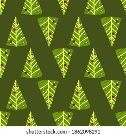 Árbol de navidad simple con un patrón verde transparente en el fondo verde. Vacaciones navideñas envolviendo el diseño de papel para la temporada de saludos de las vacaciones de invierno.