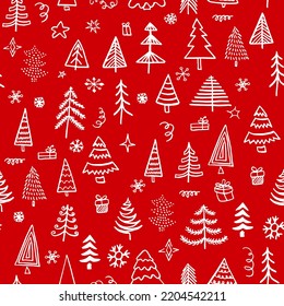 Simple árbol de Navidad patrones vectoriales sin fisuras. Árbol blanco aislado en un fondo rojo oscuro
