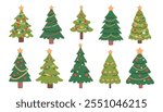 Simple Christmas tree set in cute flat cartoon style. Hand drawn New Year isolated fir trees with decoration, stars.