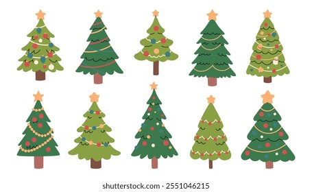 Simple Christmas tree set in cute flat cartoon style. Hand drawn New Year isolated fir trees with decoration, stars.