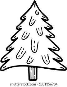 Simple Christmas tree. Single element for design, sticker, logo. Holidays theme, New Years. Black and white. Scandinavian. Isolated on a white background.