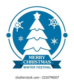 Simple Árbol de Navidad con logo y emblema de copo de nieve, tarjeta de saludo de vacaciones del festival de invierno. Diseño de iconos de ilustración vectorial.