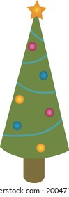 A simple Christmas tree with a star, ribbons and glass ball ornaments