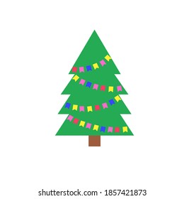 A simple Christmas tree as a symbol of a happy New year, a merry celebration of the Christmas holiday. Light jewelry sparkles. Bright shiny vector design illustration. Flat style