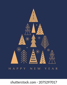 Simple Christmas trees background, geometric minimalist style. Happy new year banner. Xmas tree, snowflakes, decorations elements. Retro clean concept design