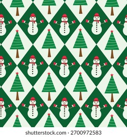 Simple Christmas trees with cute snowman on white and green diamonds seamless pattern. For Christmas print, wrapping paper, greeting cards and fabric 