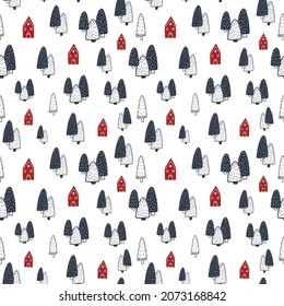 simple Christmas trees and red small house on a white background. Scandi-style pattern