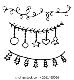 Simple Christmas vector garland in doodle style. Hand drawn illustration with black liner in line art style. Creation of design for New Year, winter, Christmas
