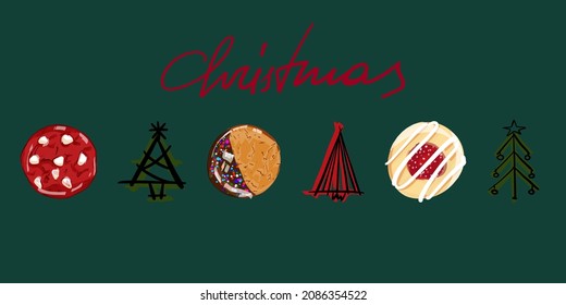 Simple christmas vector gift card with christmas trees and cookies. Cartoon doodle style lined christmas trees and sweet christmas cookies on the green background. Red velvet. Winter holiday mood. 