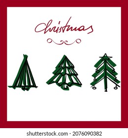 Simple christmas vector illustration with three christmas trees. Christmas traditional colors: red, White and green. Green and black lined trees. Winter holiday mood. Calligraphy lettering.