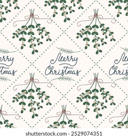 Padrão simples vetor de Natal sem emenda. Feliz Natal e ilustração de visco. Padrão no plano de fundo. Ilustração vetorial