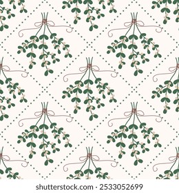 Simple Christmas vector seamless pattern with mistletoe illustration. Pattern in background. Vector illustration